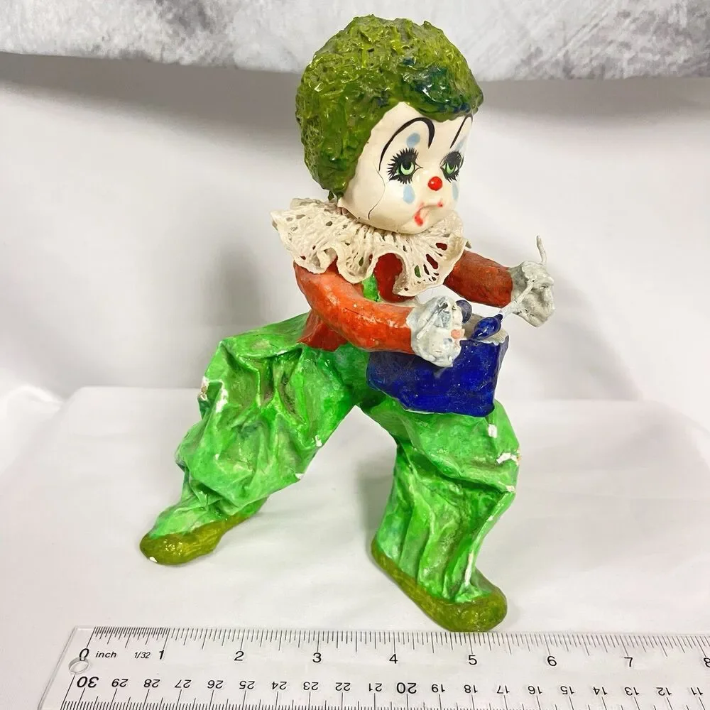 Lot Of 2 Vintage Hand Made Paper Mache Clowns Folk Art Mexico Beautiful EUC